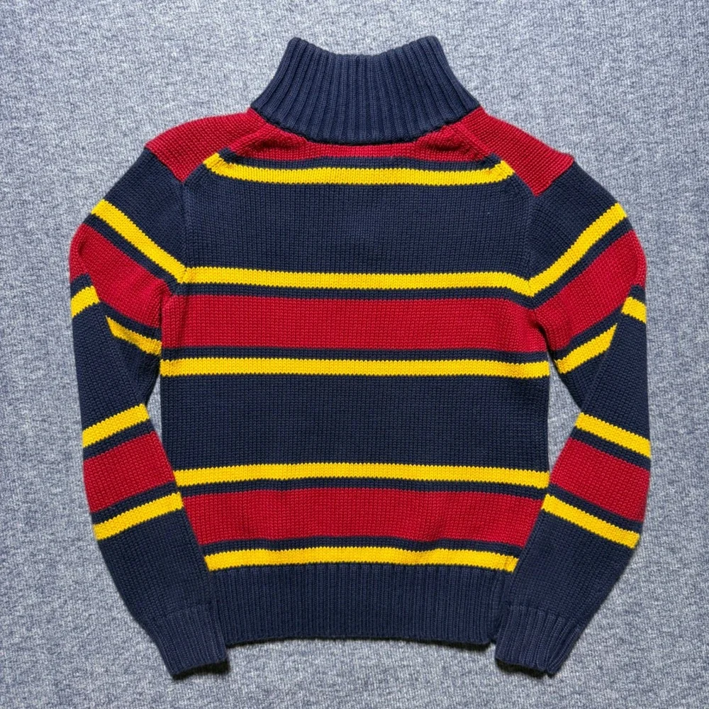 Vintage Polo Ralph Lauren Boys 7 Quarter Zip Striped Sweater Navy Red Yellow